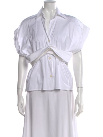 Pre-owned Just Bee Queen V-neck Short Sleeve Button-up Top In White