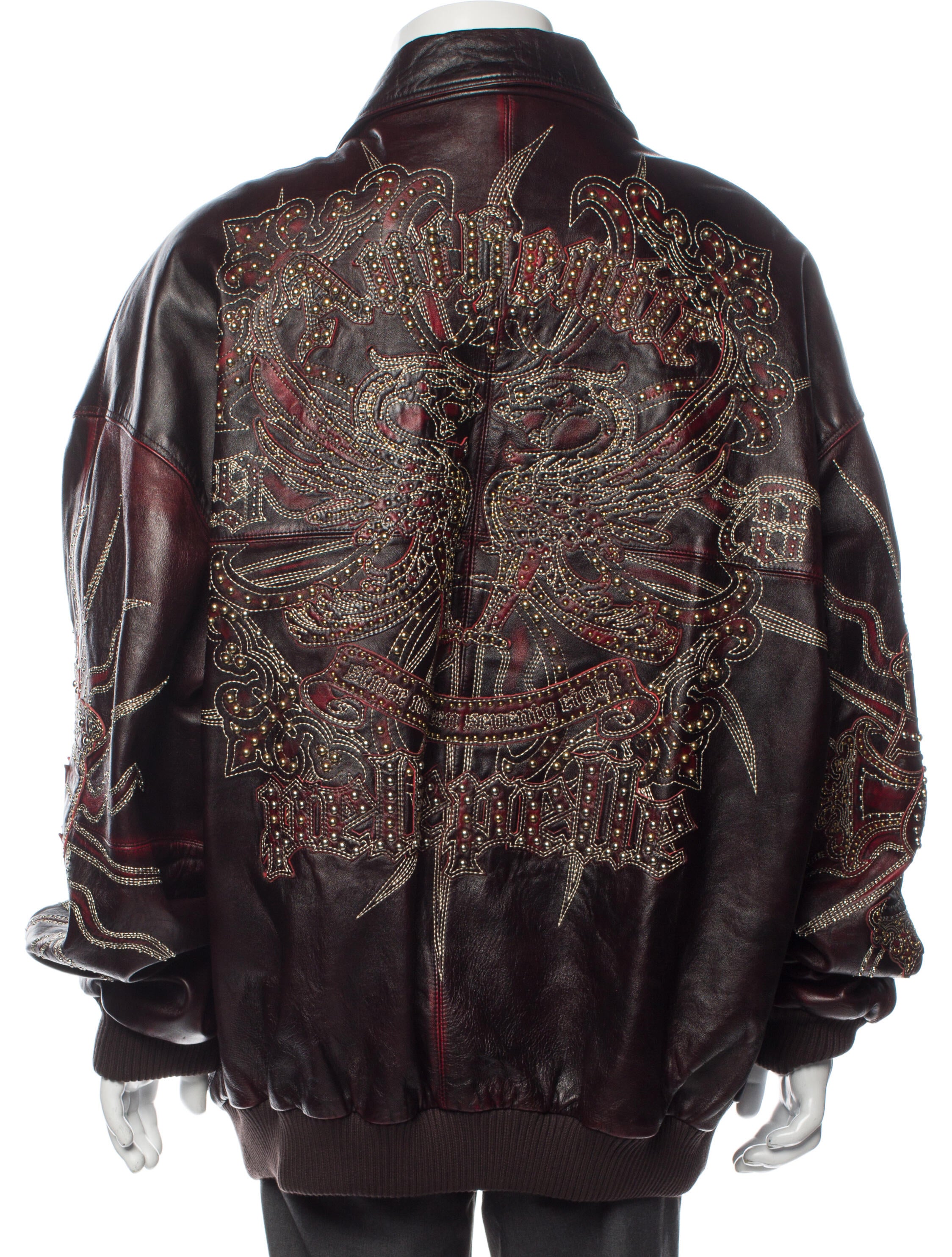 Pelle Pelle Leather Graphic Print Moto Jacket - Burgundy Outerwear