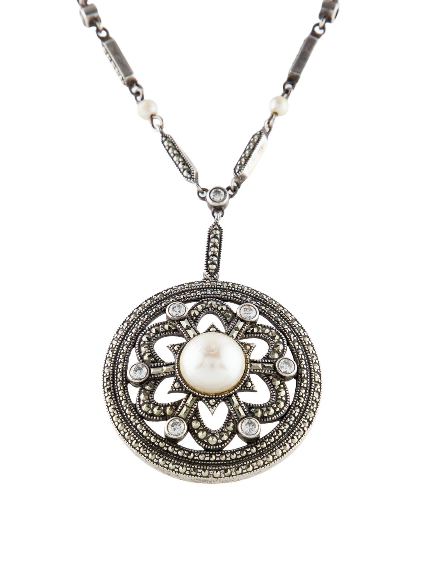 Judith Jack Faux Pearl, Crystal & Marcasite Pendant Necklace