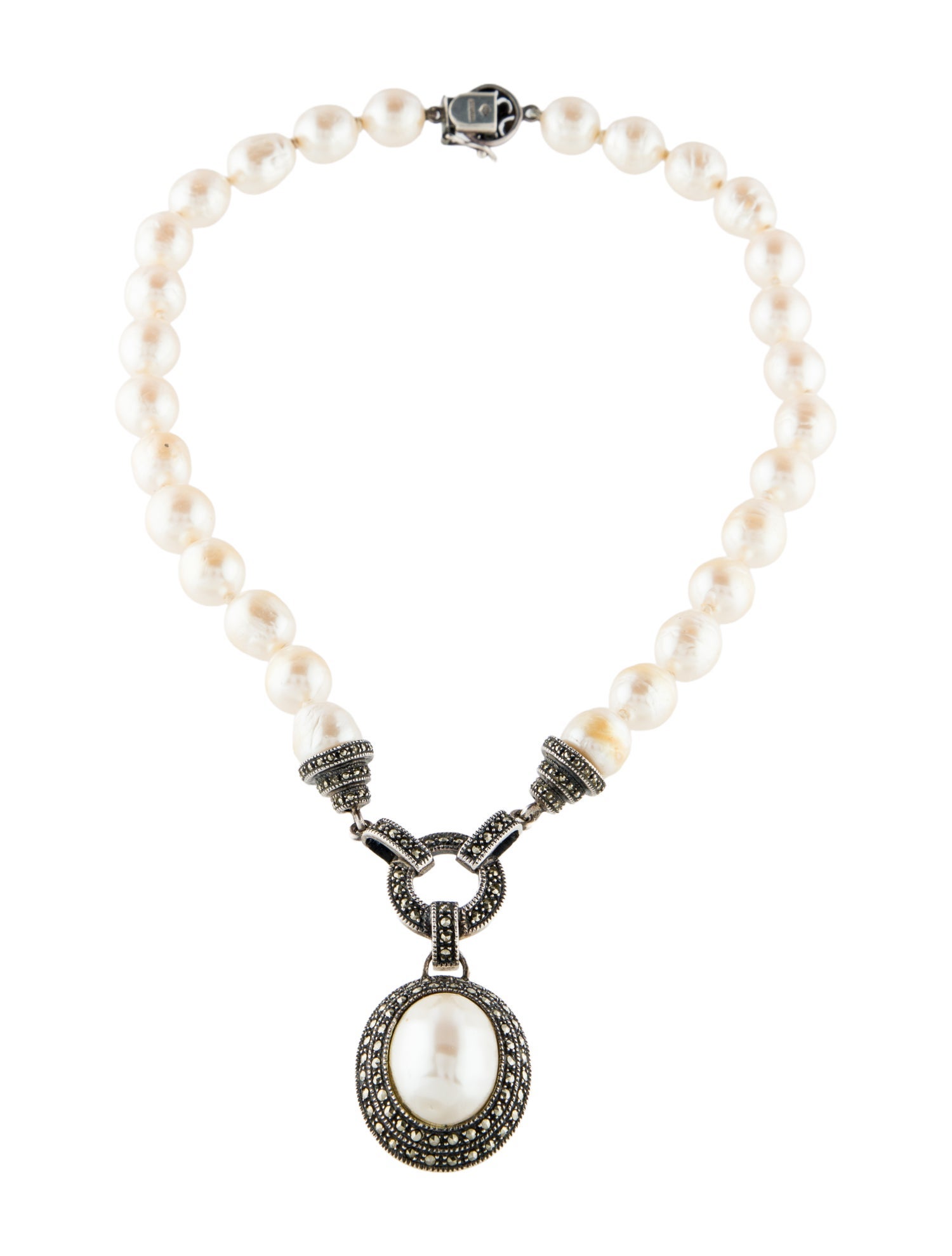 Judith Jack Faux Pearl & Marcasite Pendant Necklace
