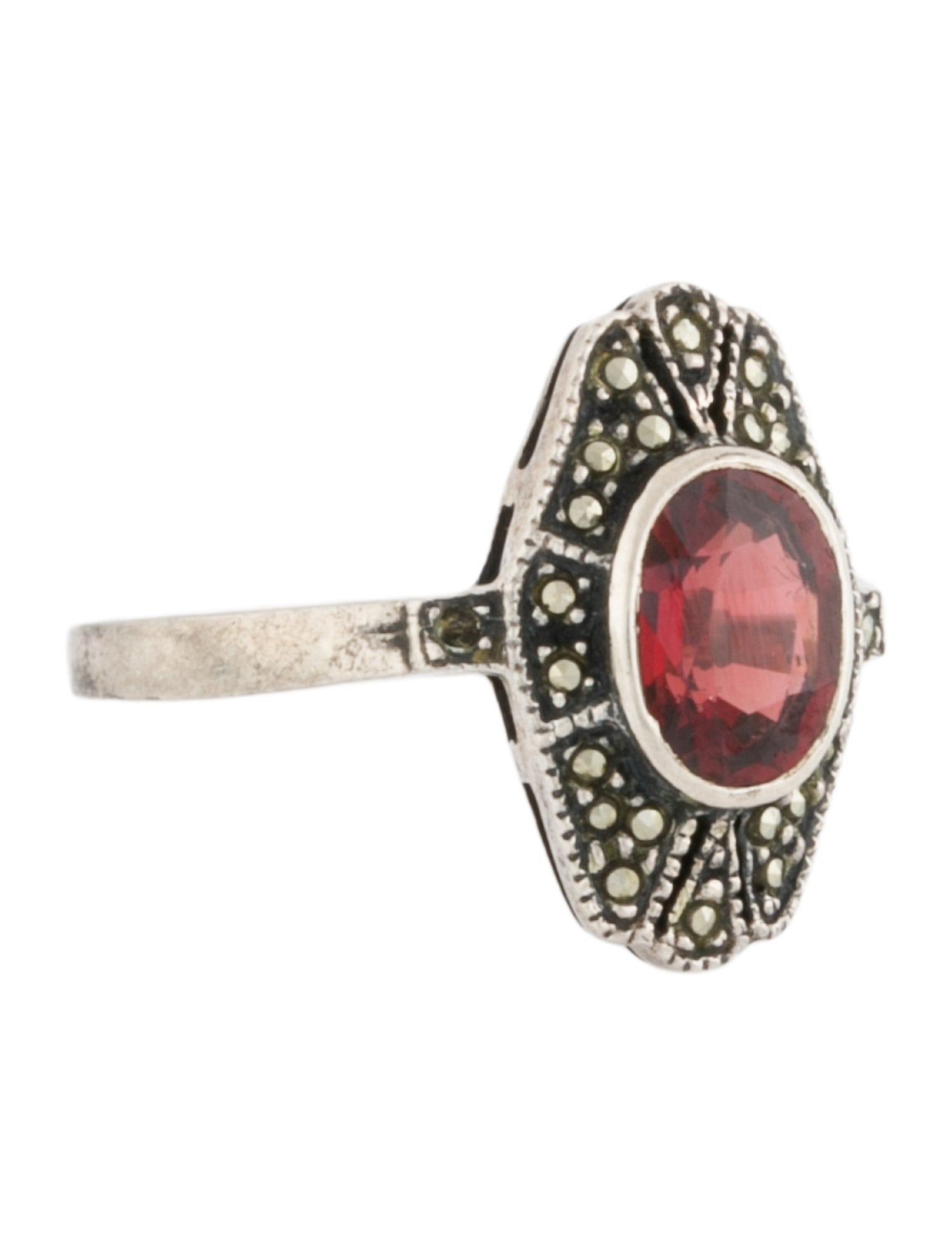 Judith Jack Garnet & Marcasite Art Deco Cocktail Ring
