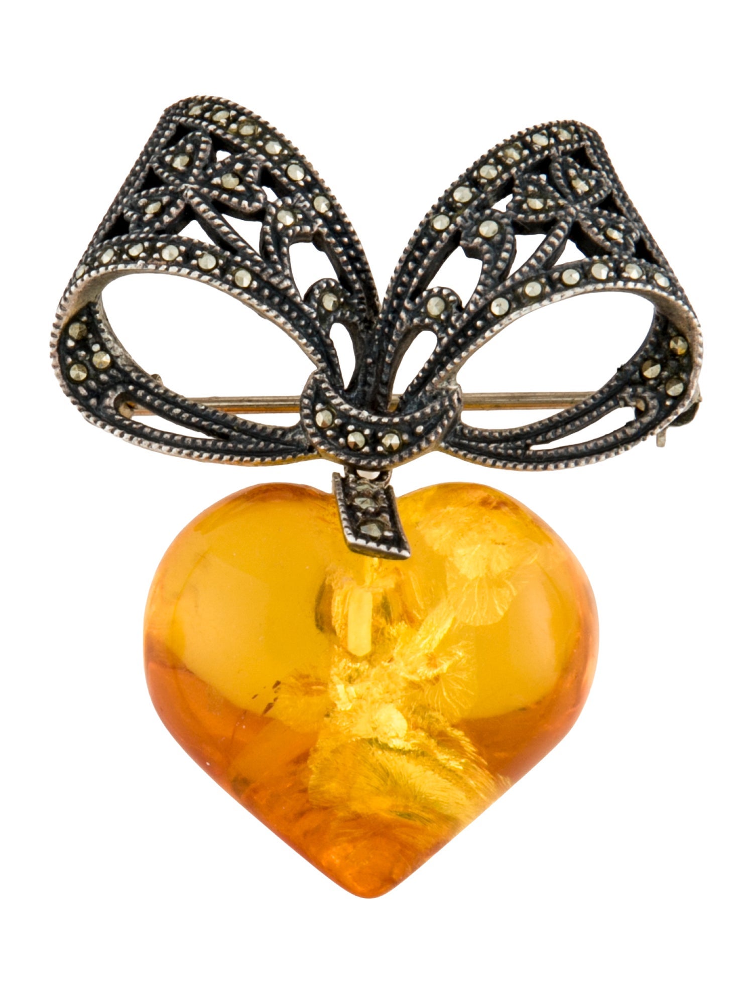 Judith Jack Marcasite & Amber Bow Pin Brooch