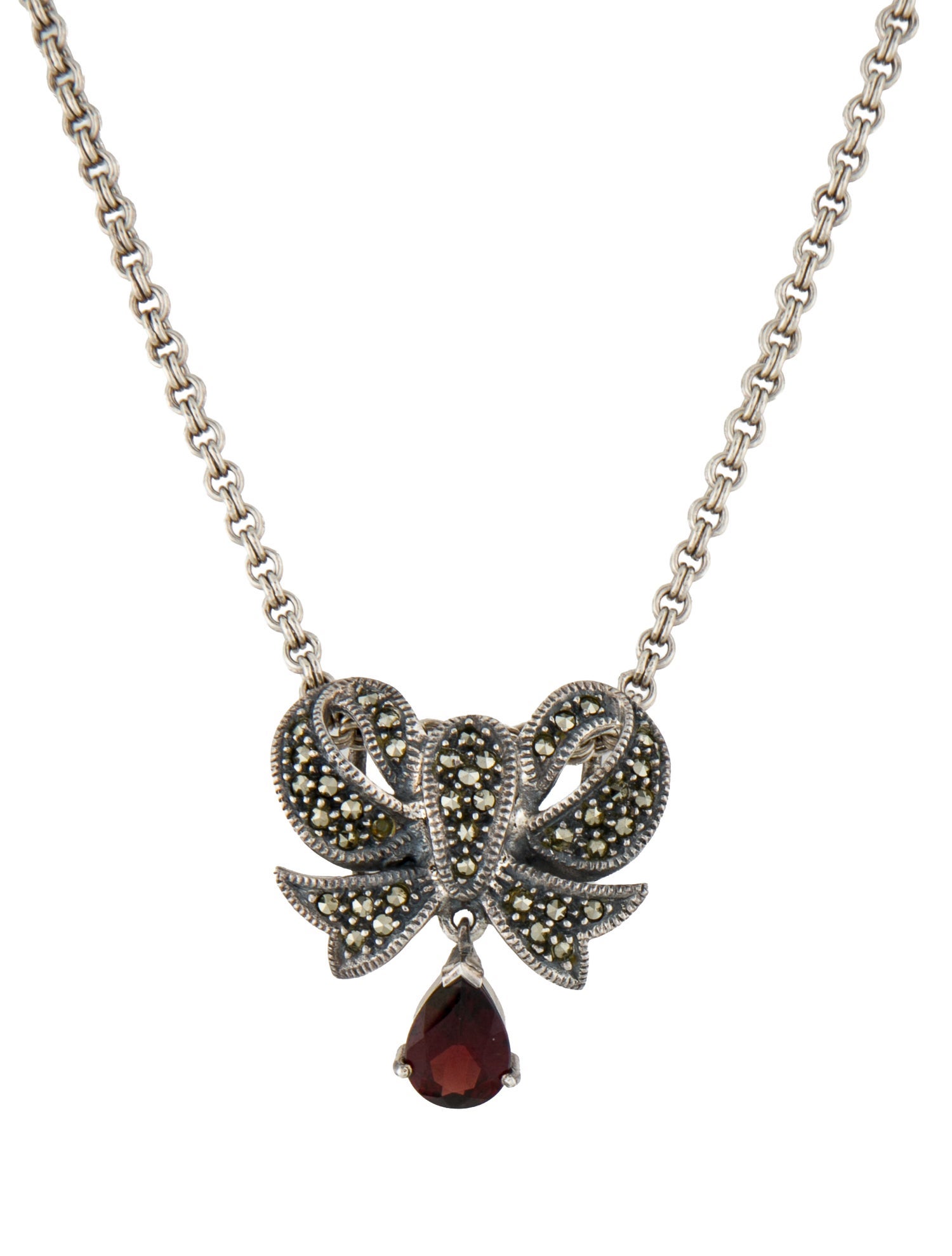 Judith Jack Garnet & Marcasite Bow Pendant Necklace