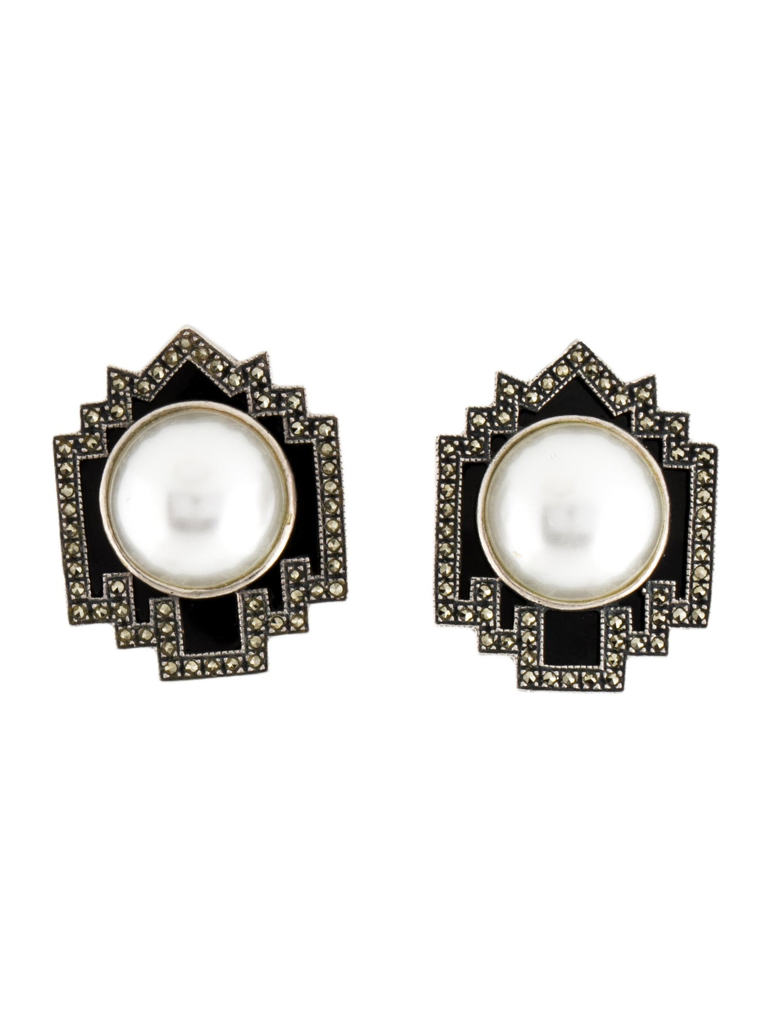 Judith Jack Faux Pearl, Onyx, & Marcasite Deco Earclip Earrings