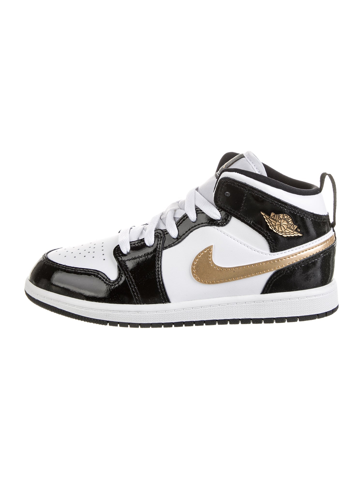 Jordan Kids Boys' Jordan 1 Mid Patent Black White Gold High Top Sneakers w/Tags