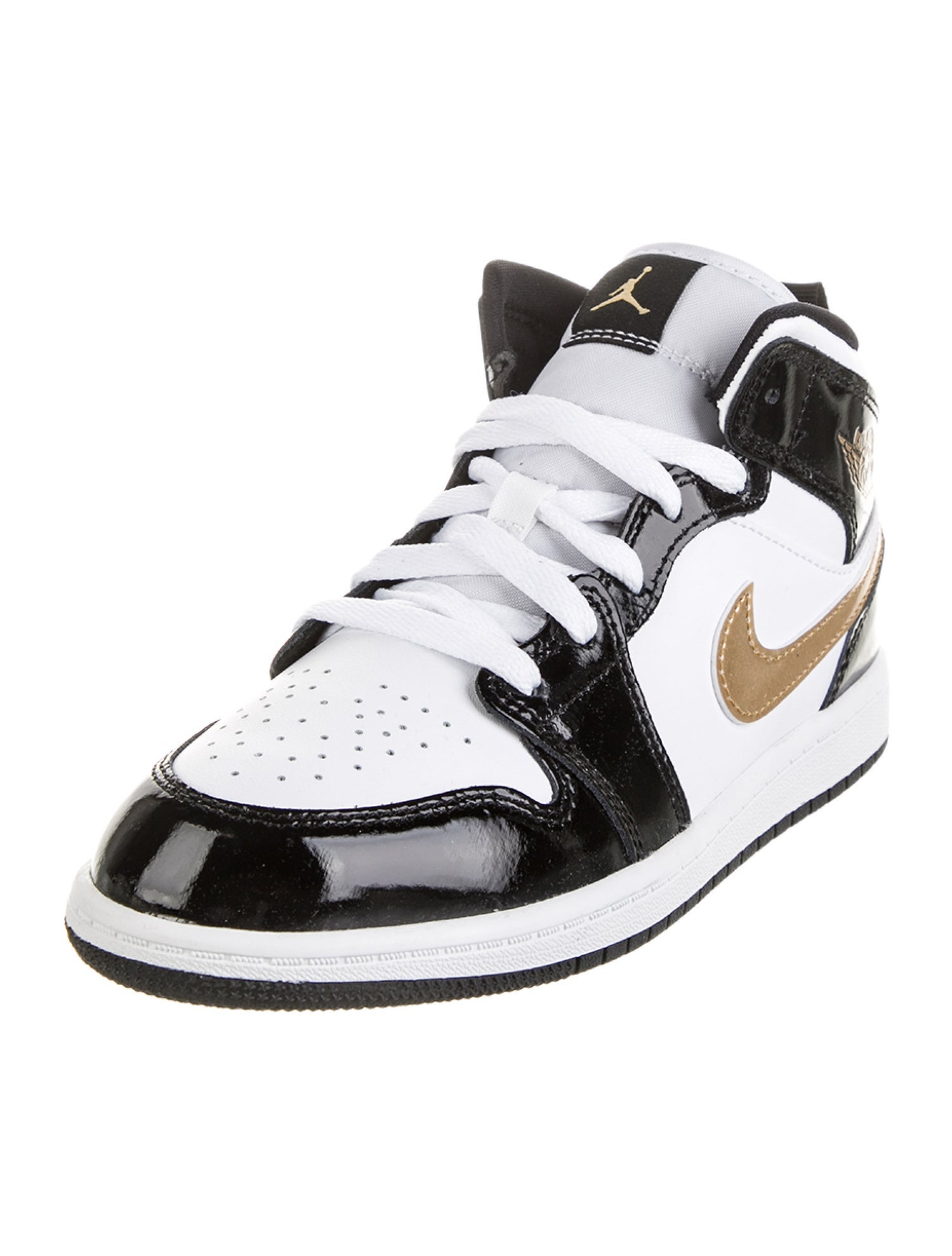 Jordan Kids Boys' Jordan 1 Mid Patent Black White Gold High Top Sneakers w/Tags
