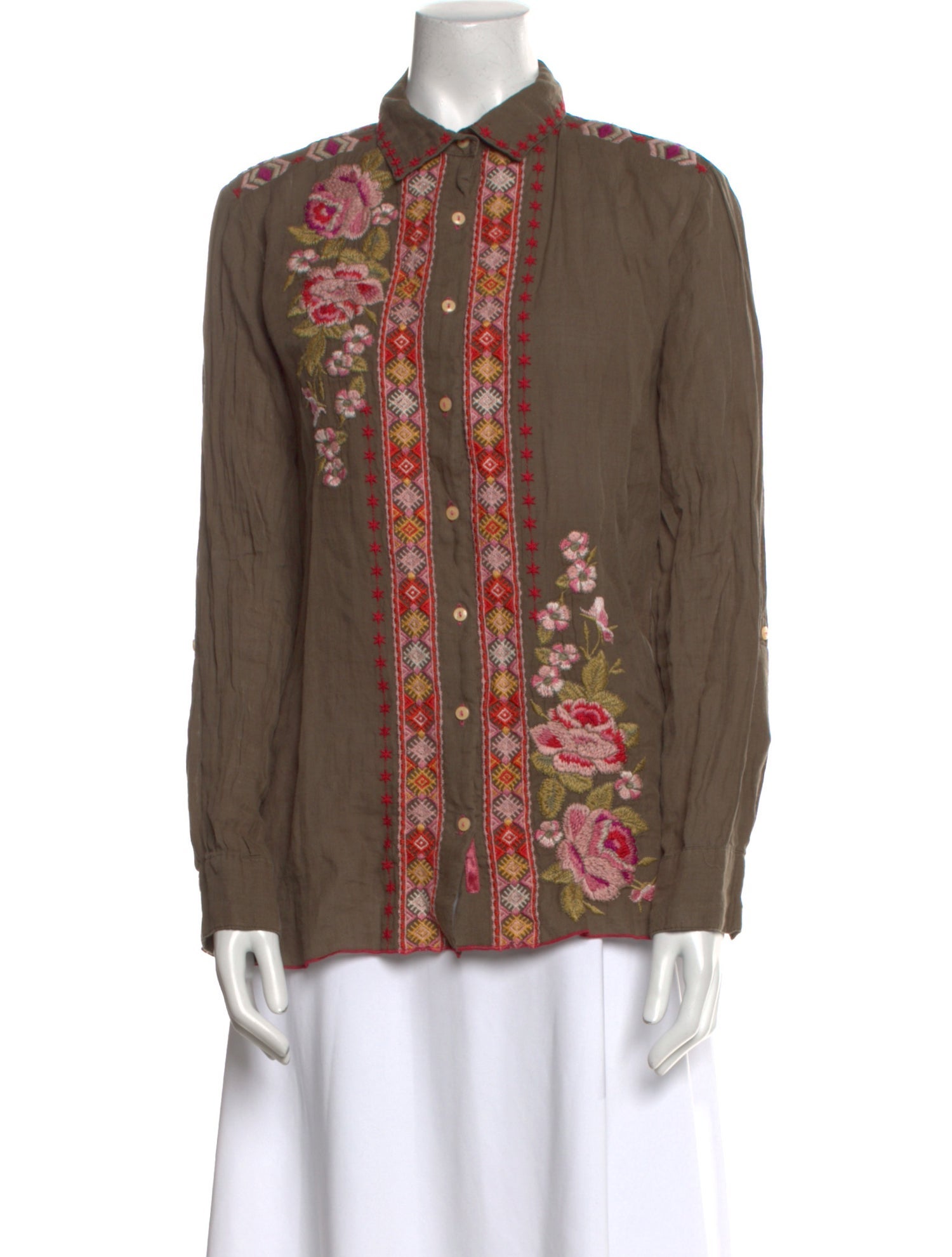 Johnny Was Floral Print Mock Neck Button-Up Top