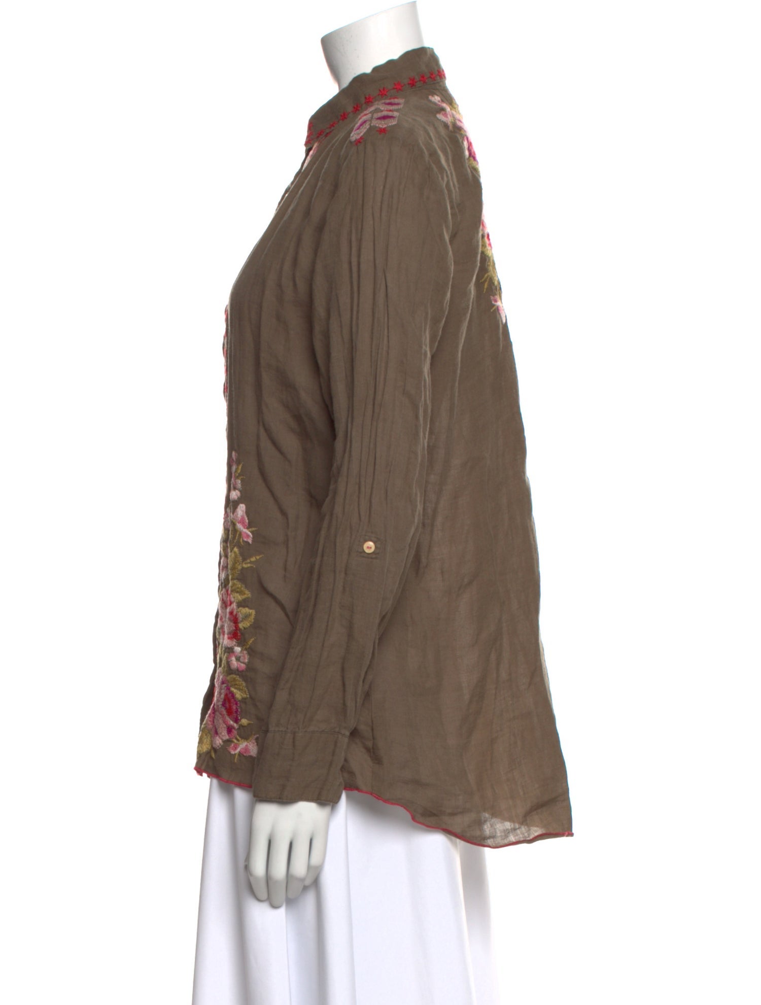 Johnny Was Floral Print Mock Neck Button-Up Top