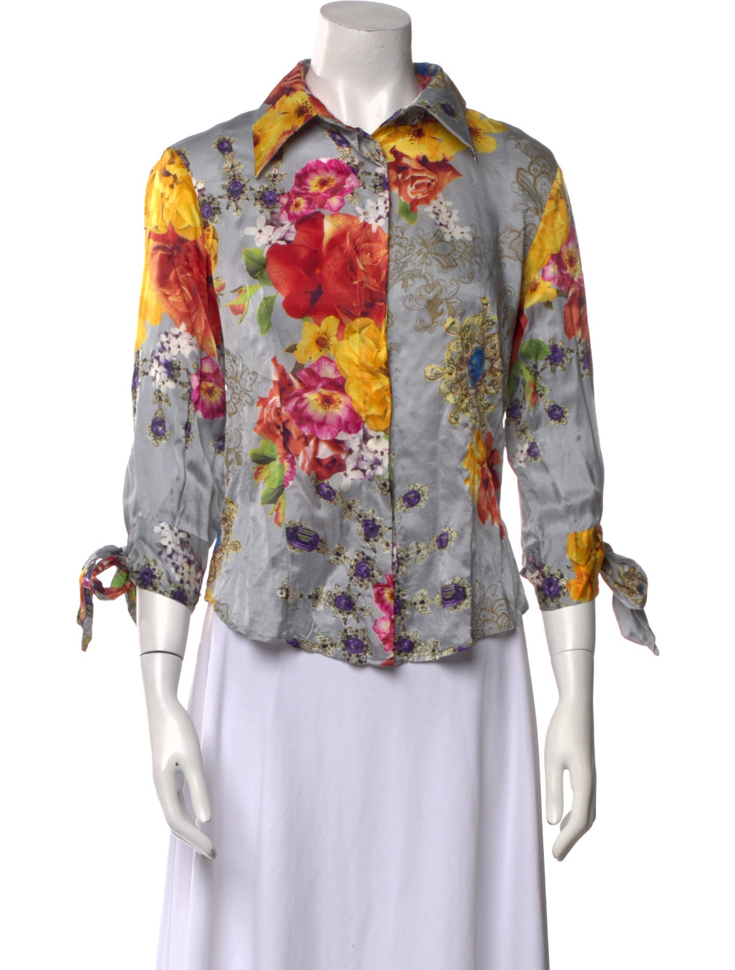 Just Cavalli Silk Floral Print Button-Up Top