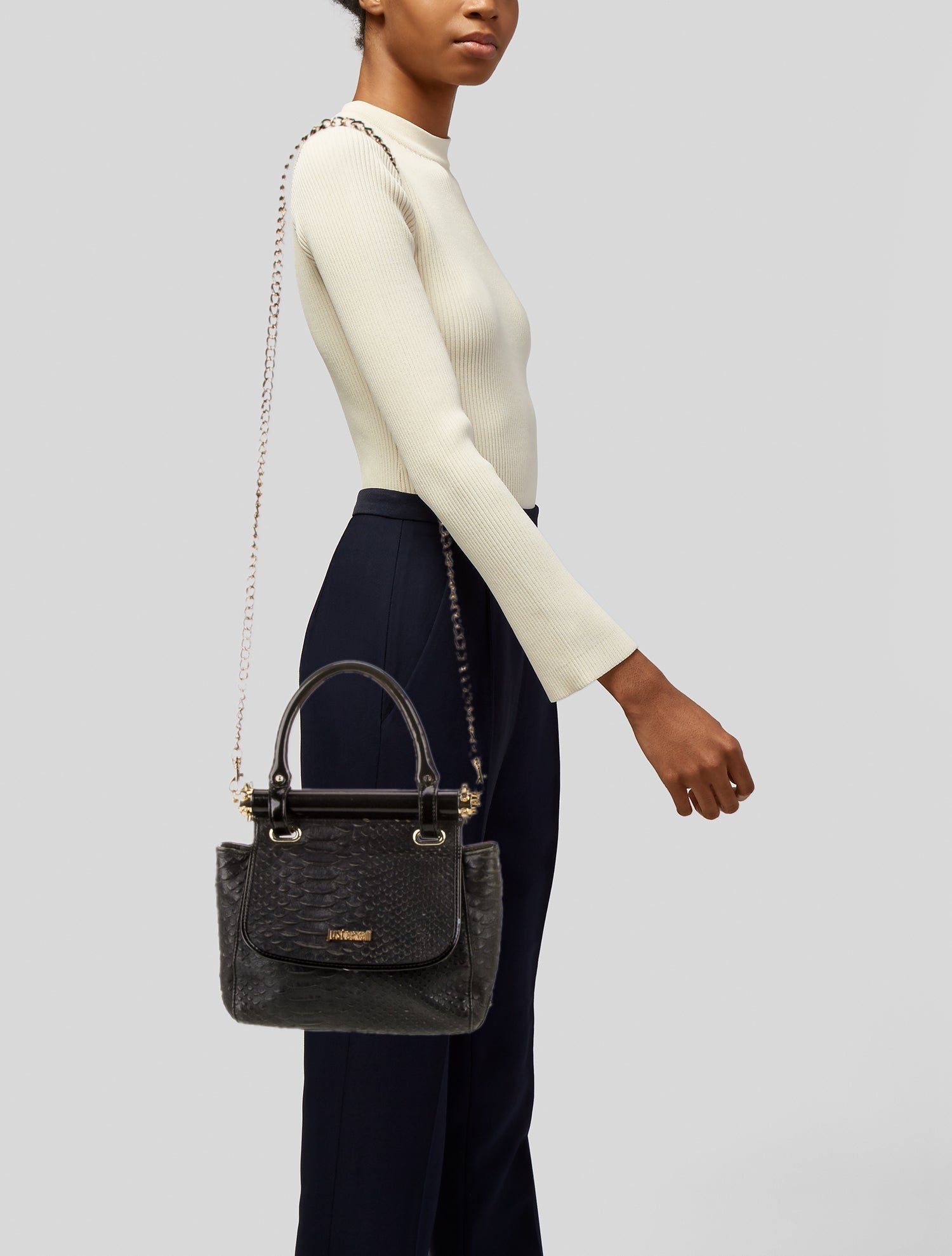 Just Cavalli Embossed Leather Top Handle Bag