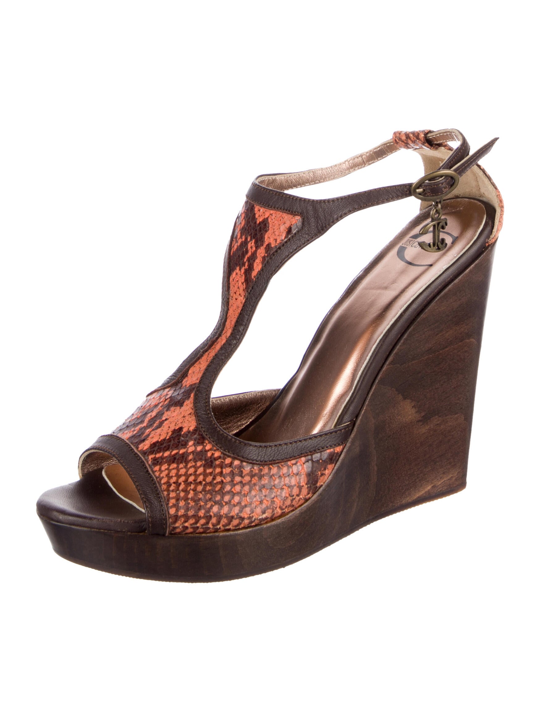Just Cavalli Leather Animal Print T-Strap Sandals