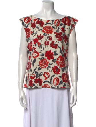 Jil Sander Navy Floral Print Bateau Neckline Blouse