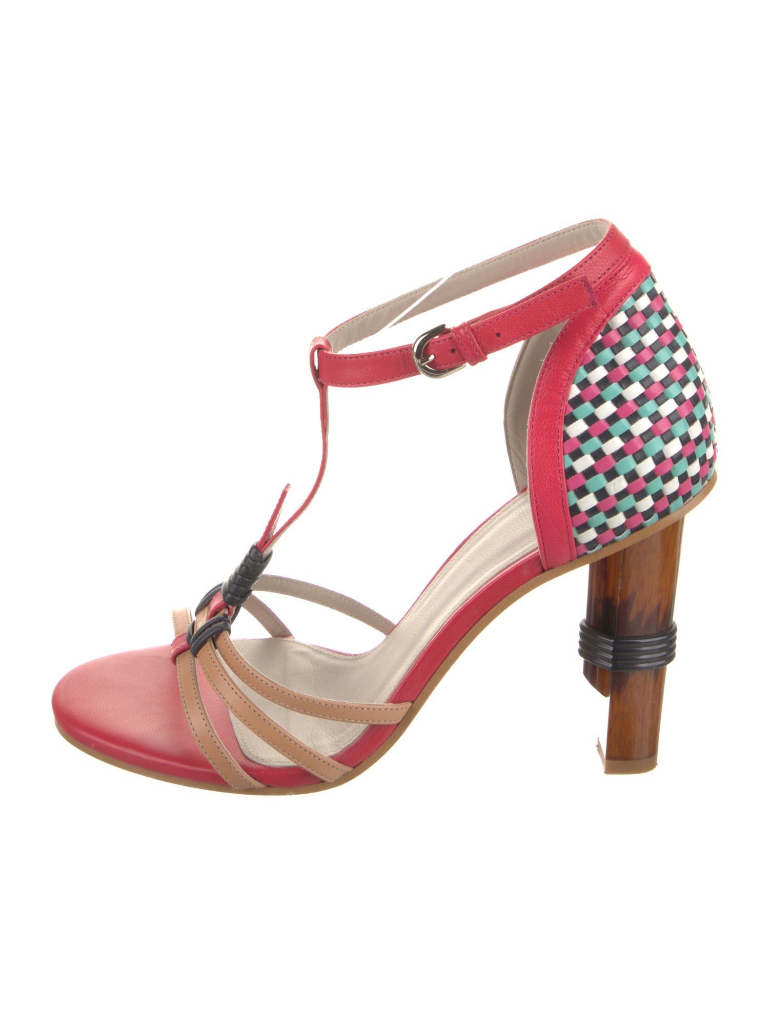 Jil Sander Navy Leather Plaid Print T-Strap Sandals