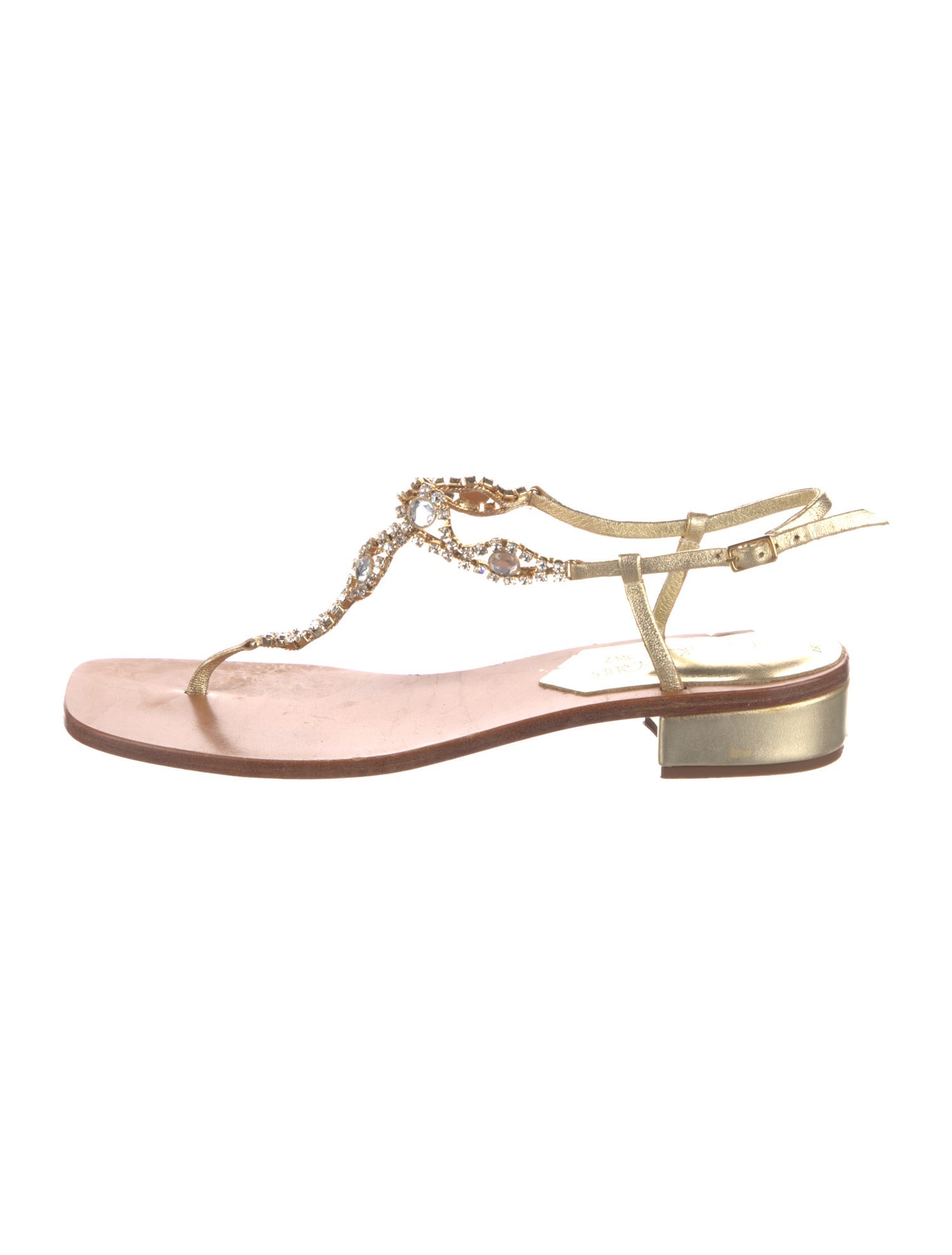 K Jacques St. Tropez Leather Crystal Embellishments T-Strap Sandals