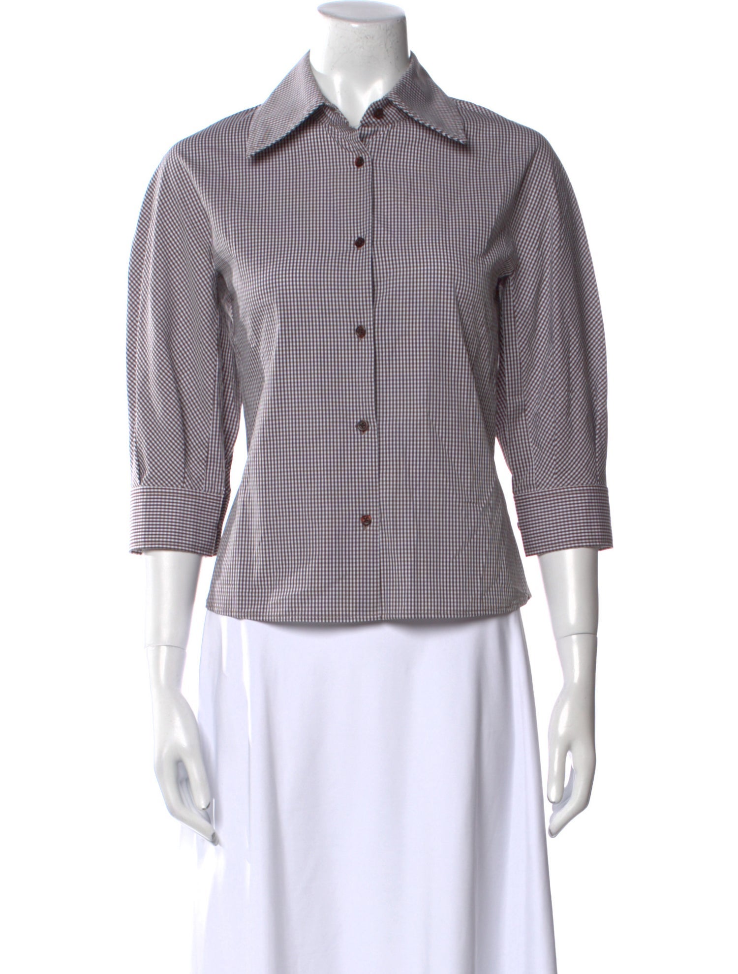 Kallmeyer Plaid Print Three-Quarter Sleeve Button-Up Top