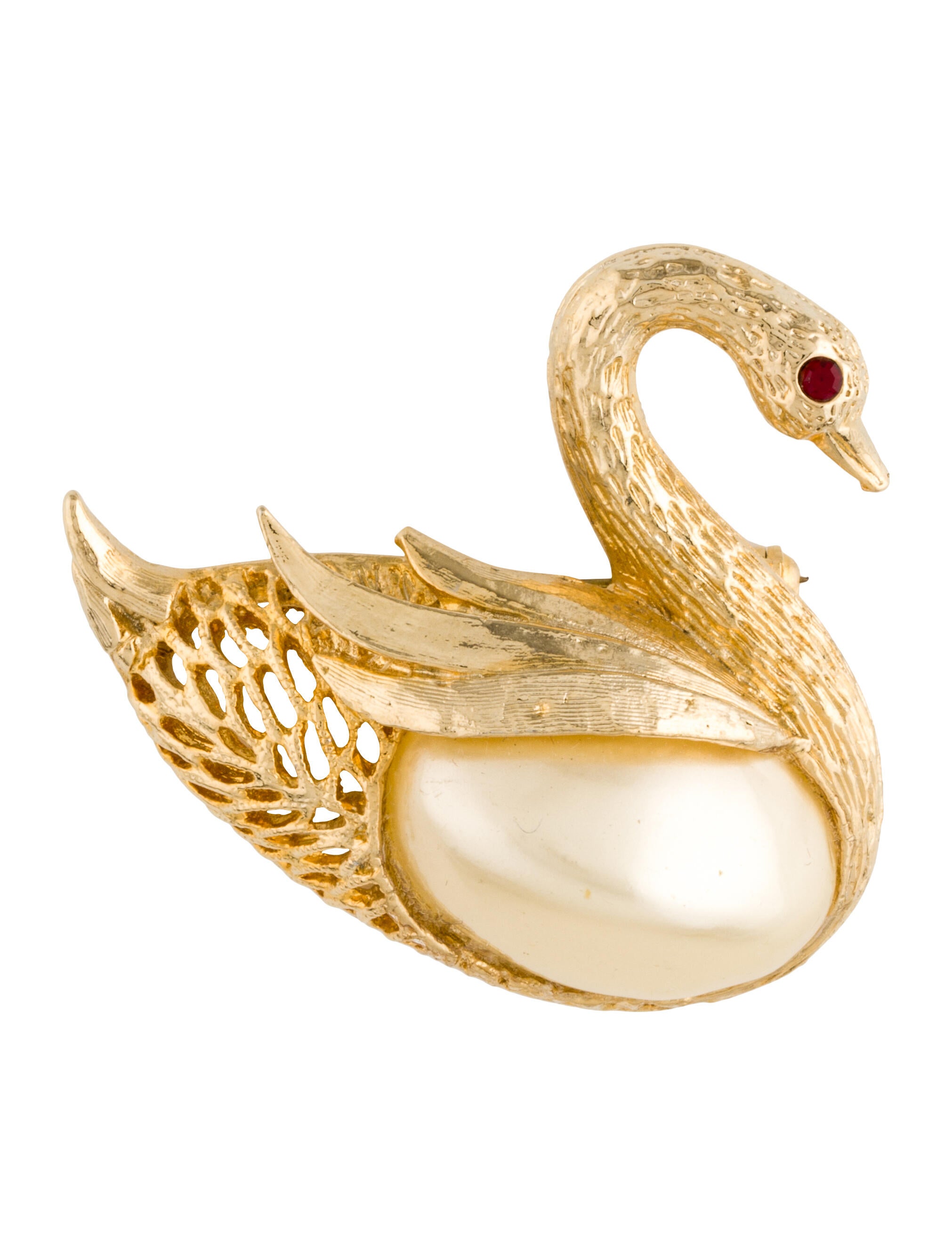 Jay Lane Faux Pearl & Crystal Swan Brooch Pin Red, GoldTone