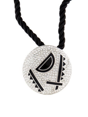 Kenneth Jay Lane Pendant Necklace Enamel & Crystal Cord Brooch