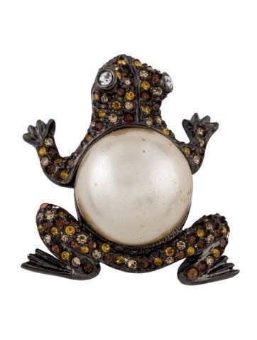 Kenneth Jay Lane Pin Faux Pearl & Crystal Frog Brooch