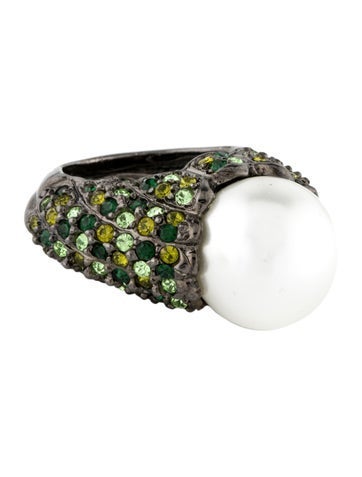 Kenneth Jay Lane Cocktail Ring Faux Pearl & Crystal 5