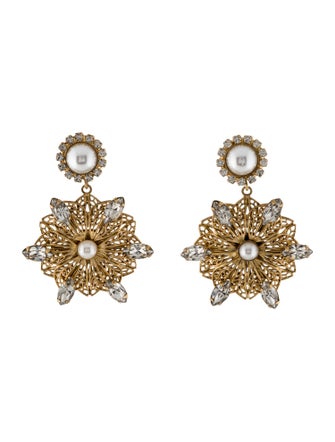 Kenneth Jay Lane Faux Pearl & Crystal Filigree Flower Clip-On Drop Earrings