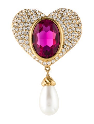 Kenneth Jay Lane Pin Crystal & Faux Pearl Heart Brooch