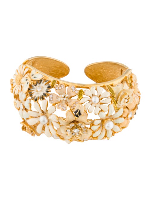 Kenneth Jay Lane Faux Pearl, Crystal & Enamel Floral Garden Cuff Bracelet