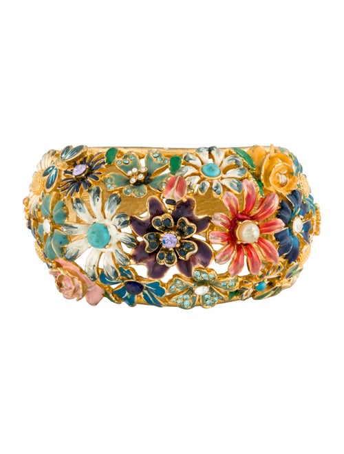 Kenneth Jay Lane Faux Pearl, Enamel & Crystal Flower Domed Cuff Bracelet