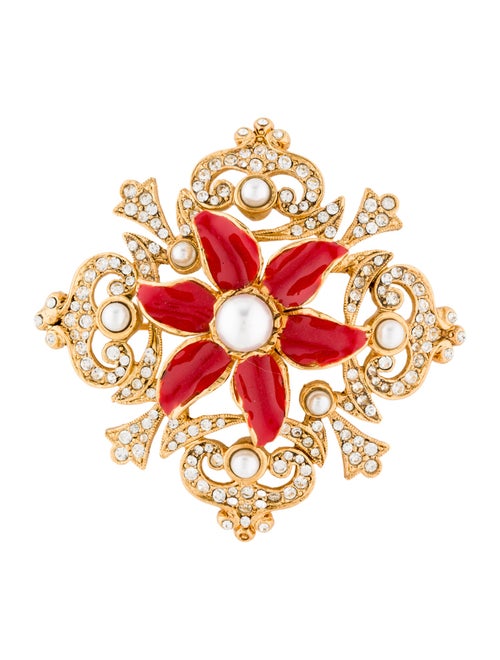 Kenneth Jay Lane Faux Pearl, Crystal & Enamel Flower Pin Brooch