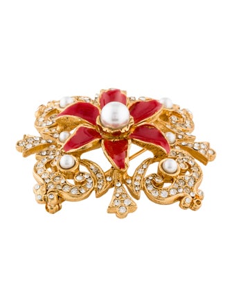 Kenneth Jay Lane Faux Pearl, Crystal & Enamel Flower Pin Brooch