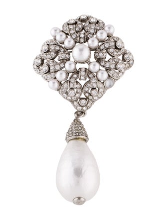 Kenneth Jay Lane Faux Pearl & Crystal Pin Brooch