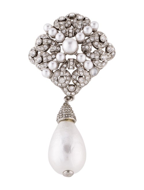 Kenneth Jay Lane Faux Pearl & Crystal Pin Brooch