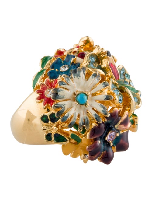 Kenneth Jay Lane Crystal & Enamel Multicolored Flower Adjustable Cocktail Ring