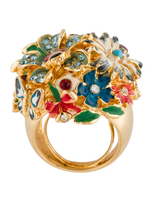 Kenneth Jay Lane Crystal & Enamel Multicolored Flower Adjustable Cocktail Ring