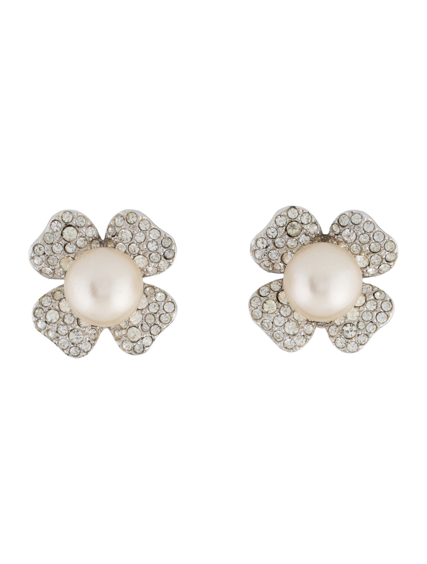 Kenneth Jay Lane Faux Pearl & Crystal Shamrock Clip On Earrings