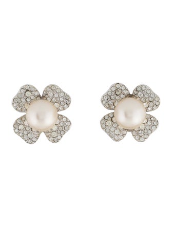 Kenneth Jay Lane Faux Pearl & Crystal Shamrock Clip On Earrings