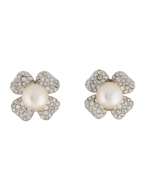 Kenneth Jay Lane Faux Pearl & Crystal Shamrock Clip On Earrings