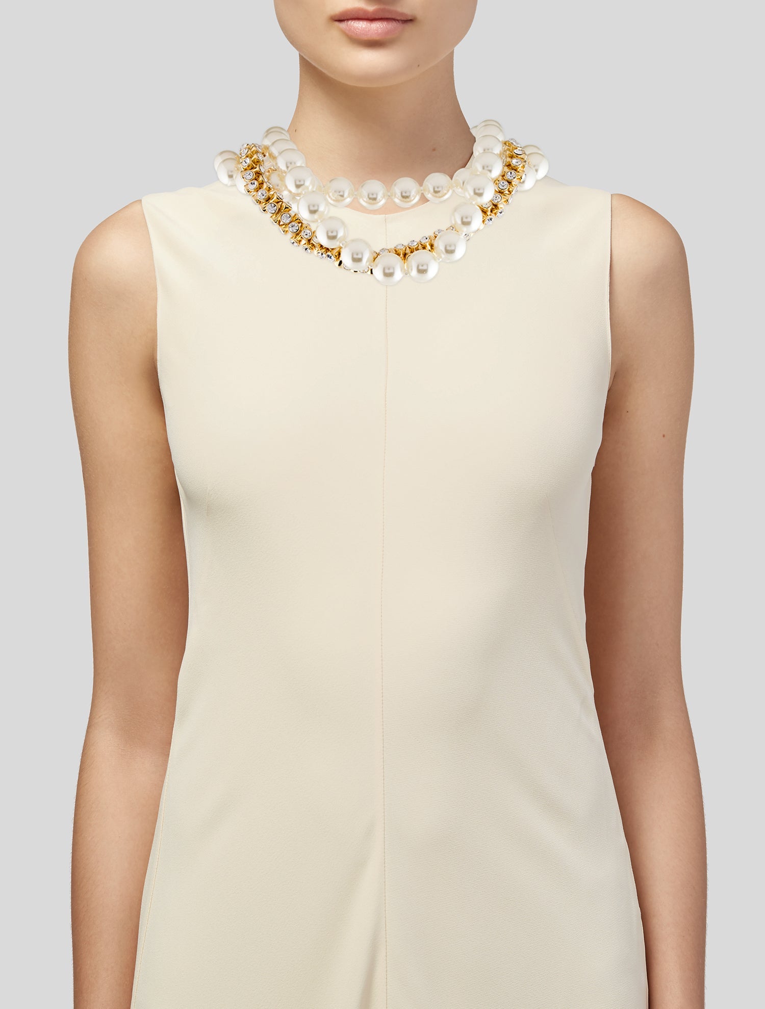 Kenneth Jay Lane Faux Pearl & Crystal Triple Strand Collar Necklace