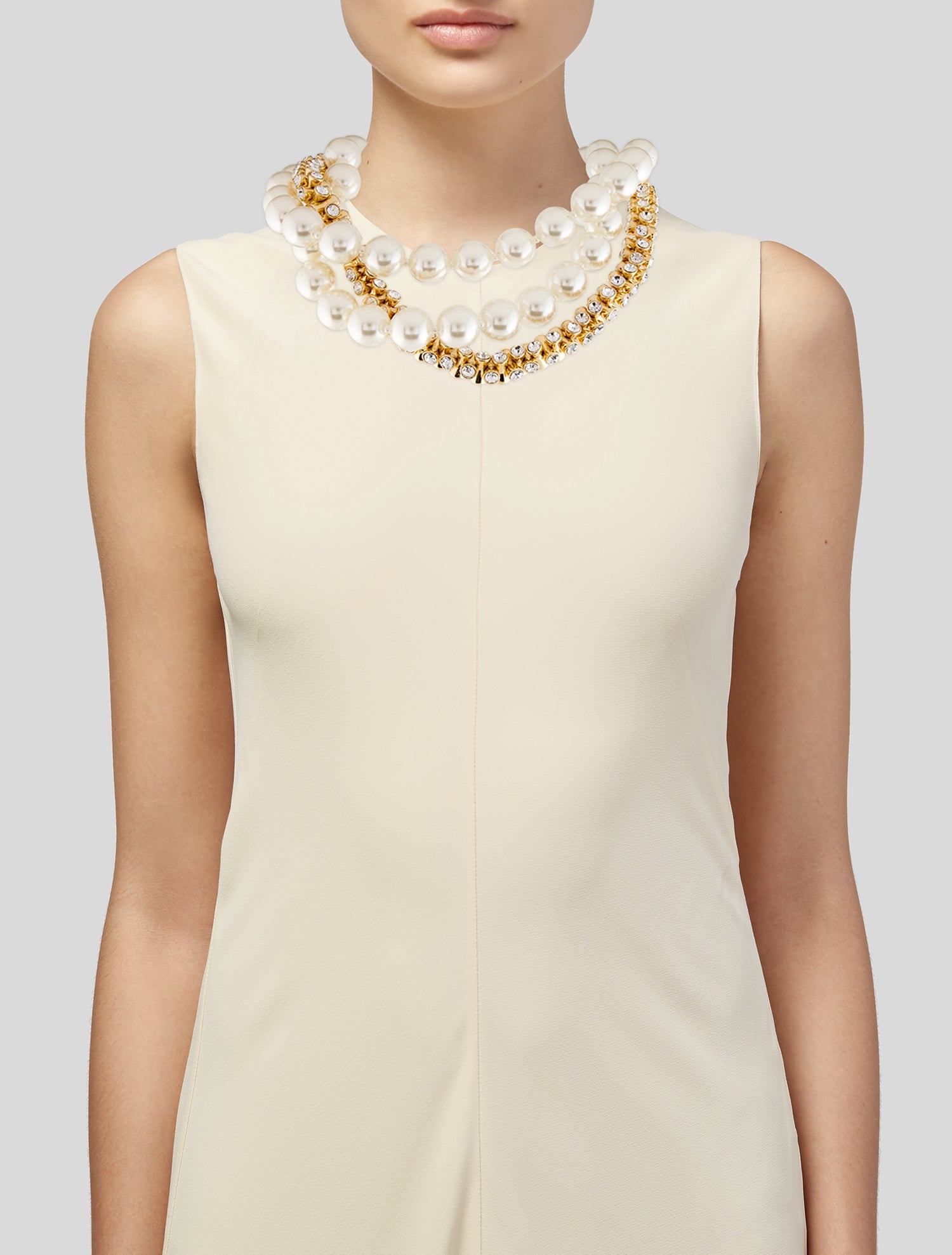 Kenneth Jay Lane Faux Pearl & Crystal Triple Strand Collar Necklace