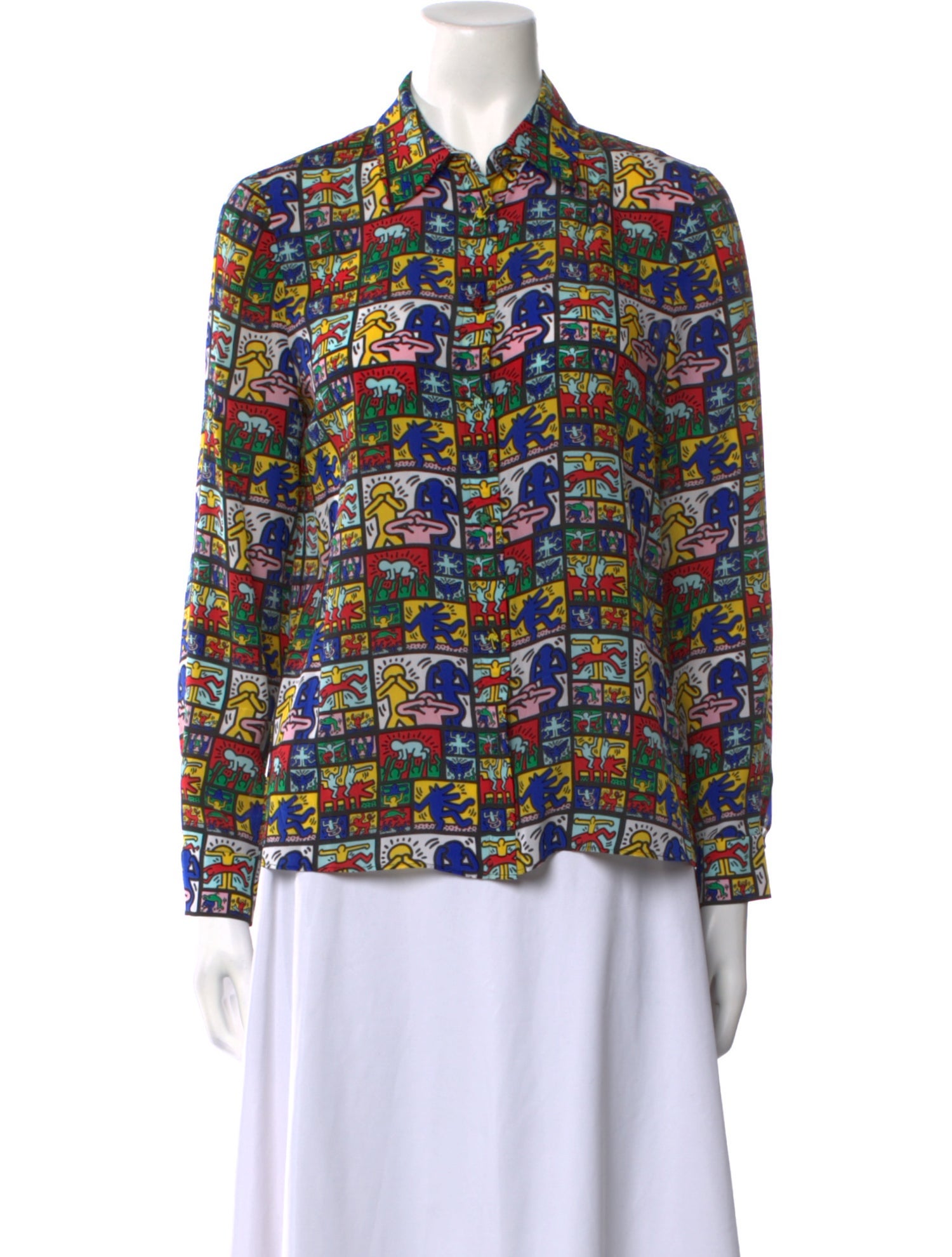 Keith Haring x Alice + Olivia Silk Printed Button-Up Top