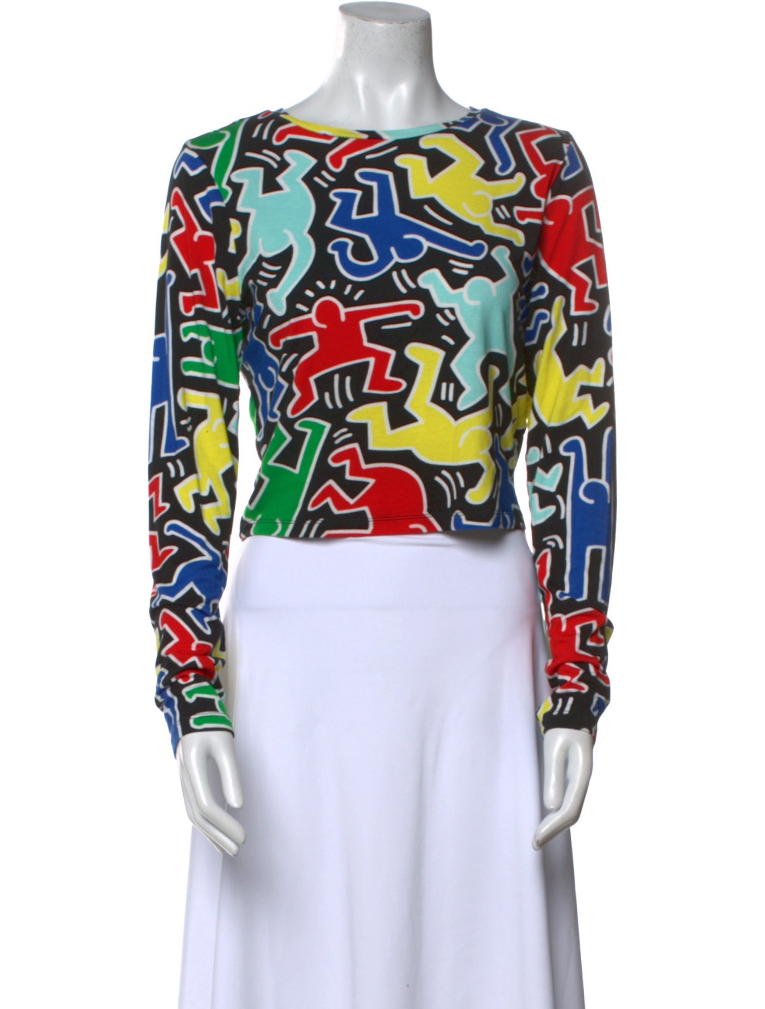 Keith Haring x Alice + Olivia Printed Bateau Neckline Crop Top
