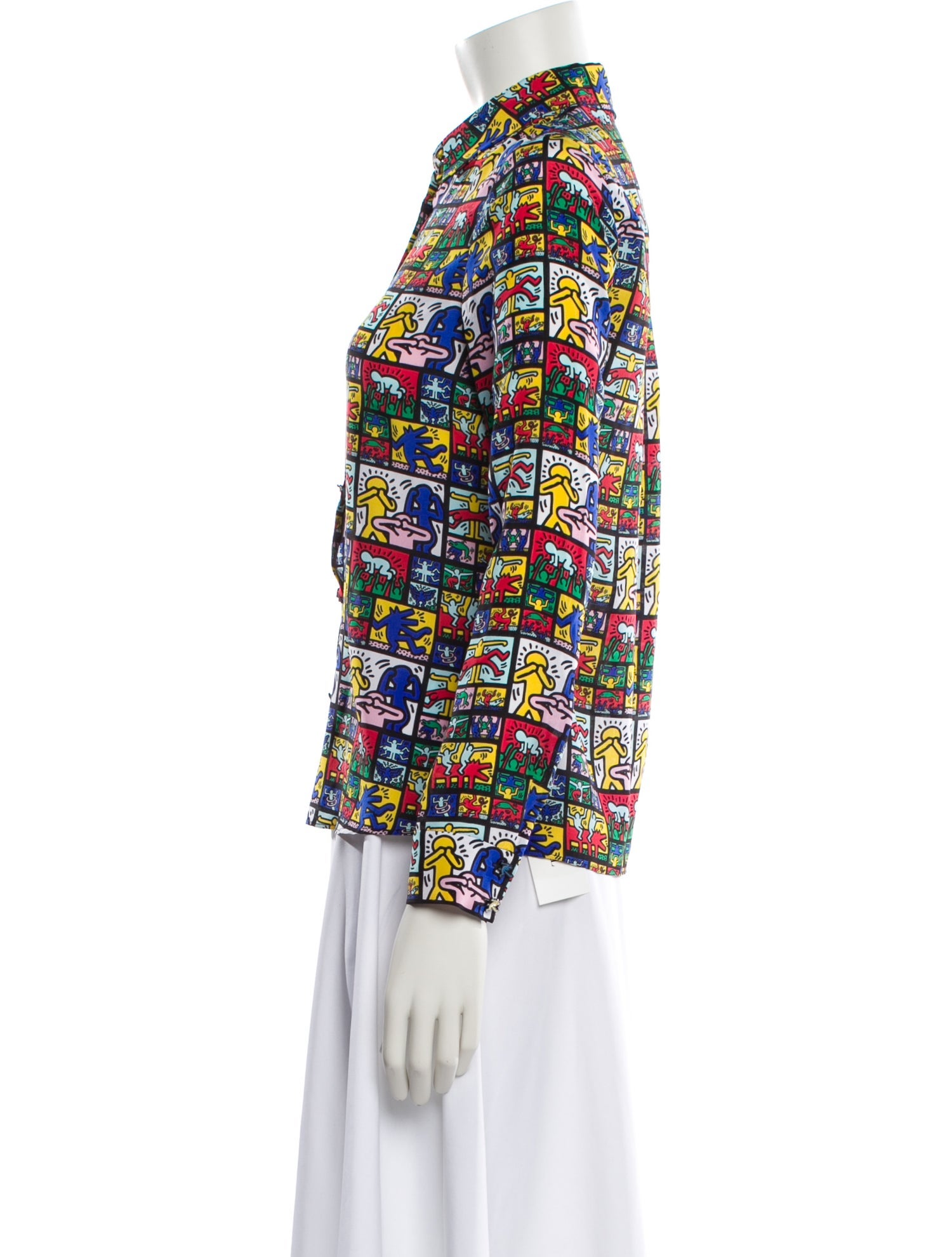 Keith Haring x Alice + Olivia Silk Printed Button-Up Top