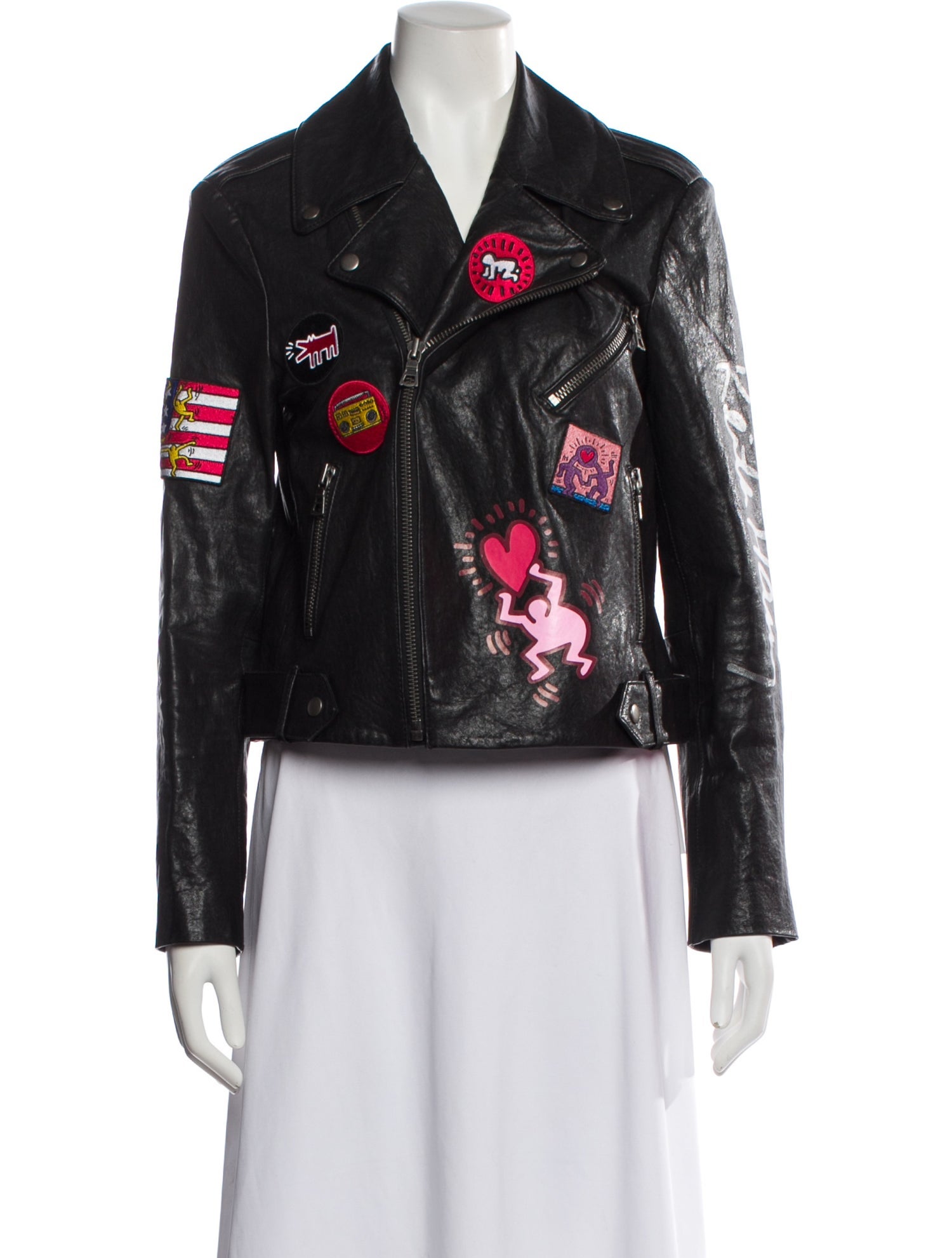 Keith Haring x Alice + Olivia Leather Patterned Biker Jacket