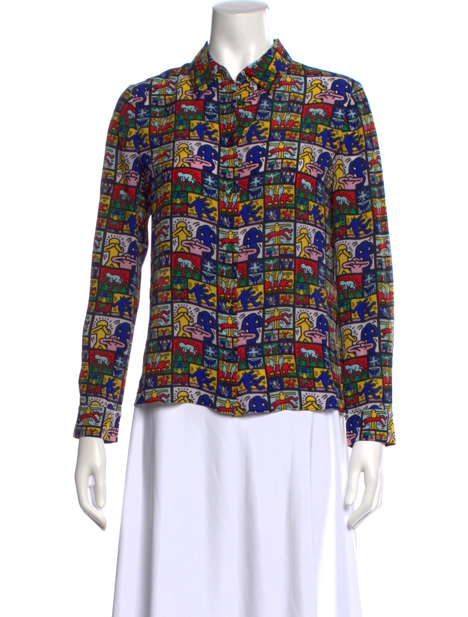 Keith Haring x Alice + Olivia Silk Printed Button-Up Top