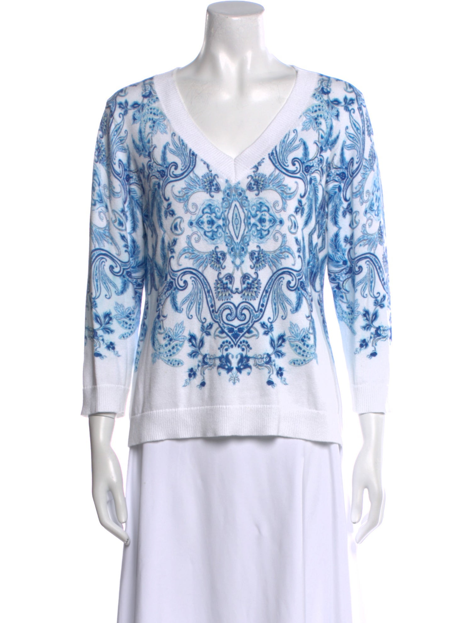 Kinross Cashmere Paisley Print V-Neck Sweater