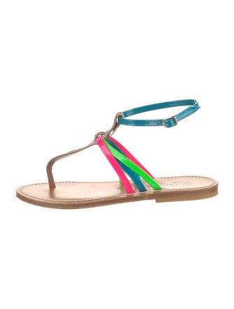 K.Jacques Leather Colorblock Pattern T-Strap Sandals