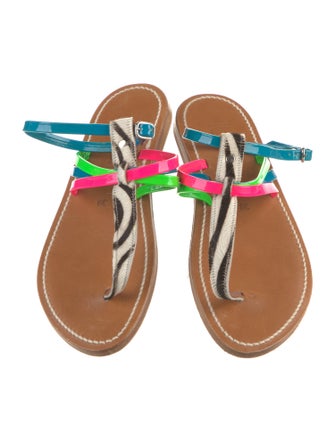 K.Jacques Leather Colorblock Pattern T-Strap Sandals