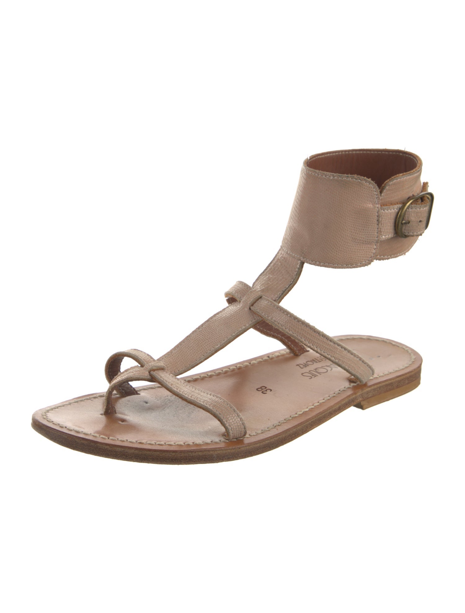 K.Jacques Embossed Leather Whipstitch Trim Gladiator Sandals