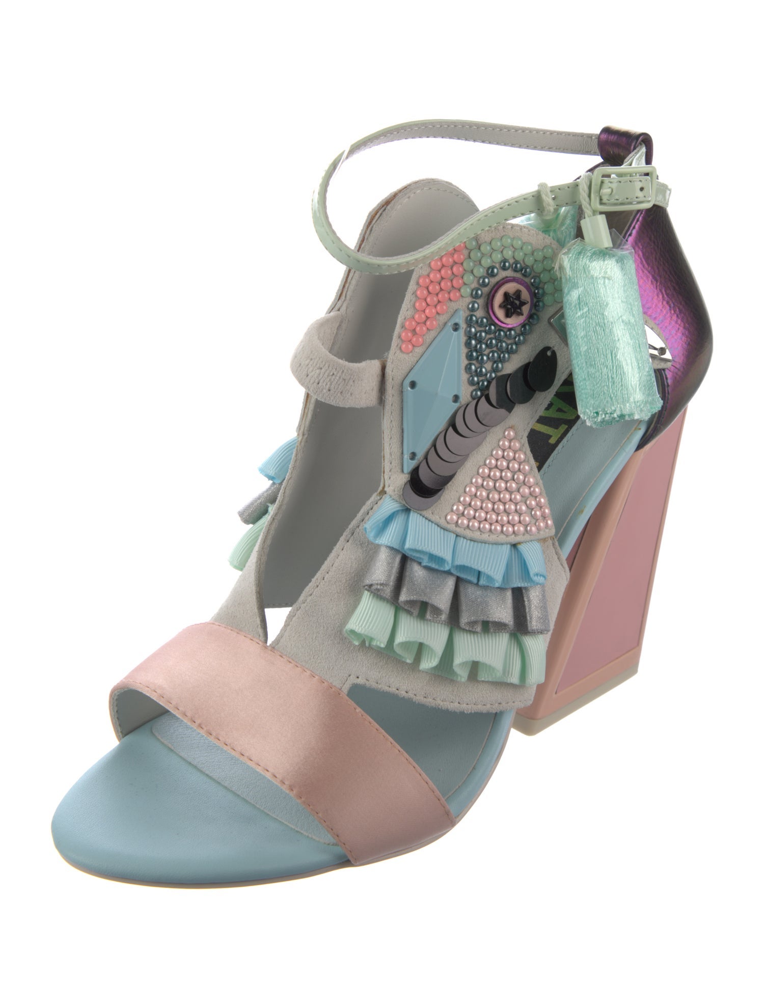 Kat Maconie Leather Colorblock Pattern T-Strap Sandals