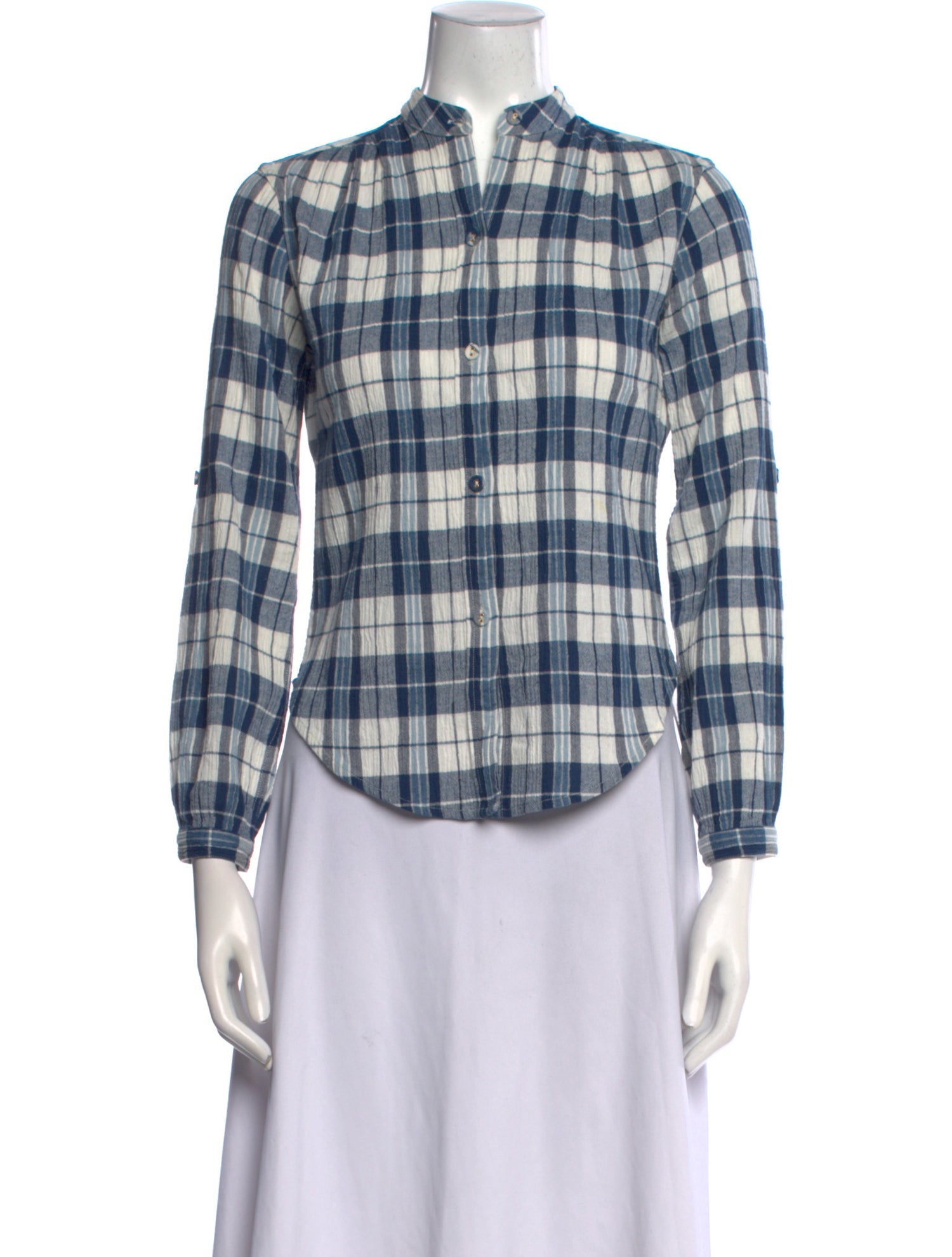 Suzie Kondi Plaid Print Mock Neck Button-Up Top
