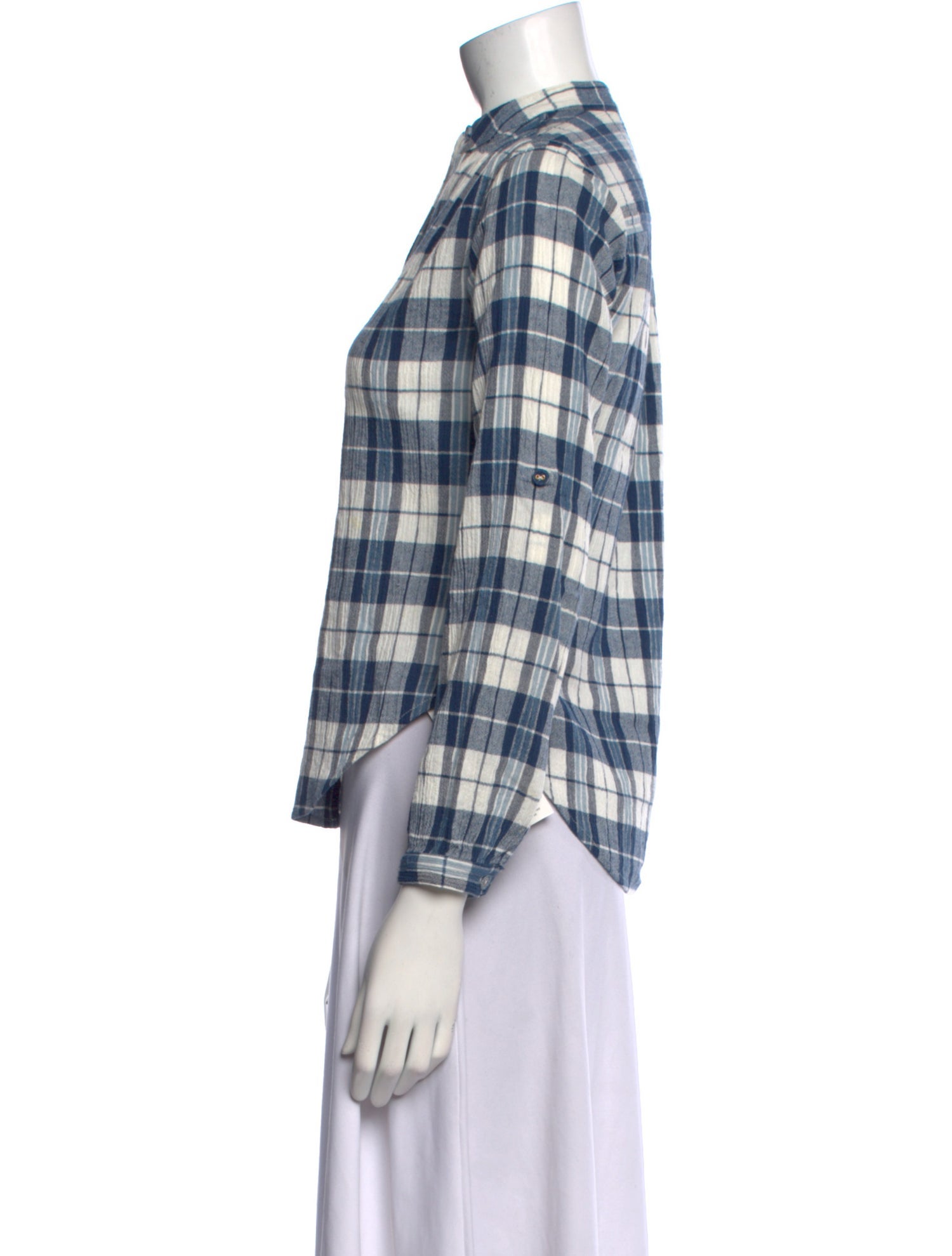Suzie Kondi Plaid Print Mock Neck Button-Up Top